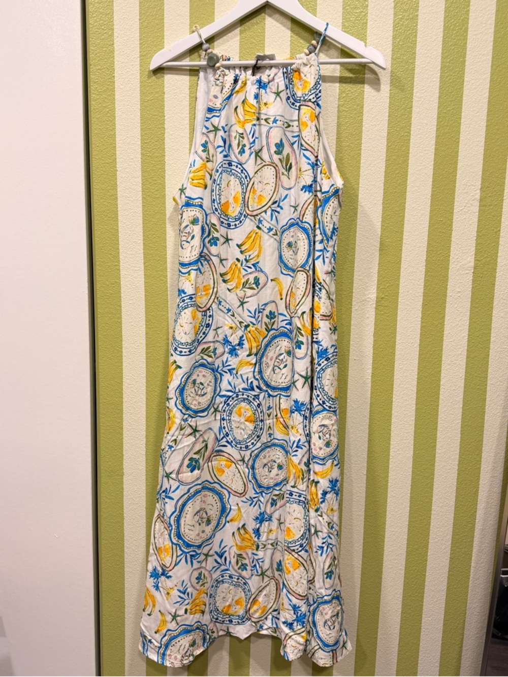 Sugarlips Cream Halter Maxi Dress with Blue & Yellow Medallion Print